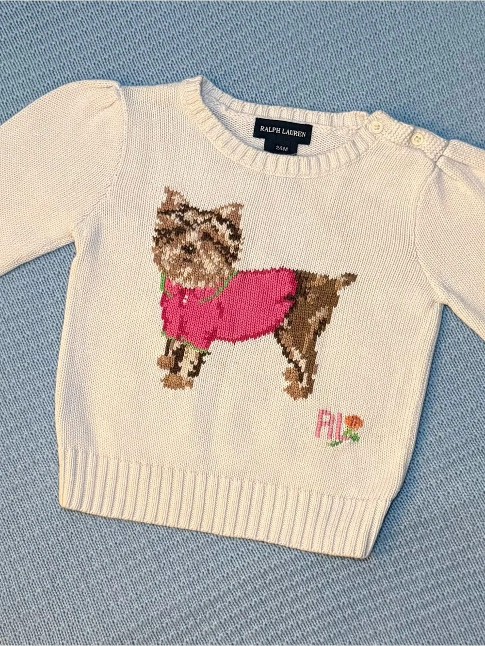 Ralph Lauren Yorkie Sweater 24M White Intarsia Knit Dog Puffed Shoulder Toddler